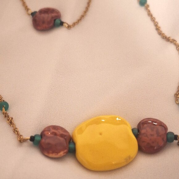 Artisan Double Strand Gold Chain Kazuri Kenyan Ceramic Bead Necklace - Picture 3 of 6